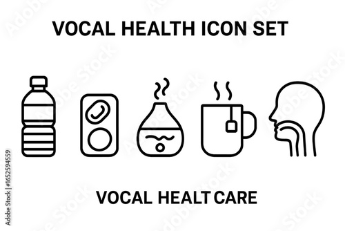 Vocal Health Icon Set Outline, Vector Illustration of Vocal Care Essentials Including Water Bottle, Throat Lozenges, Humidifier, Warm Tea Mug, and Throat Anatomy for Voice Wellness