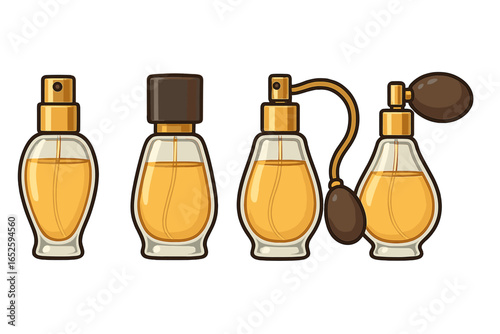 Perfume bottle set vector illustration. Collection of elegant glass fragrance bottles with spray pump and vintage atomizer. Luxury cosmetic beauty product icon. Isolated design.