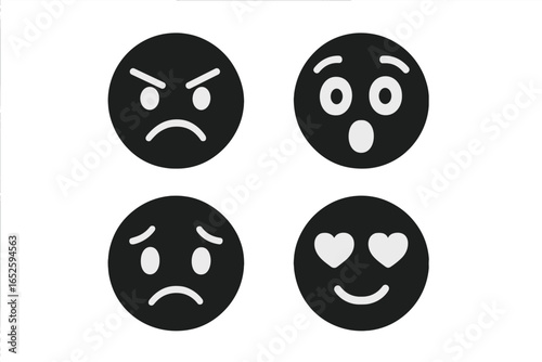 Vector emoticon solid icon set. Black filled smileys collection. Characters for different emotions and expressions like angry, amazed, anxious, affectionate, and love.