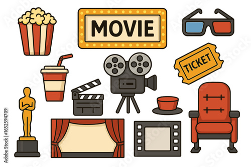 Cinema and movie icon set. Film industry entertainment elements collection. Vector cartoon illustration of popcorn, ticket, camera, 3d glasses, award. Movie night stickers.