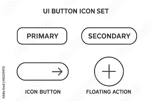 UI button icon set for web and mobile app design. Vector outline collection of primary, secondary, icon, and floating action buttons. Minimalist user interface elements.