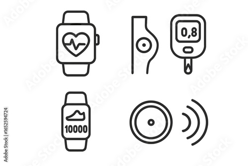 Wearable Tech Icons, Outline Vector Set of Smartwatches, Fitness Trackers, Health Monitors, VR Headsets, Smart Glasses, Wireless Gadgets, Modern Technology Illustration