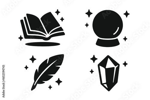 Fantasy magic icon set. Solid glyph collection of fairytale objects. Enchanted spellbook, crystal ball for fortune telling, magic crystal gem and feather quill.