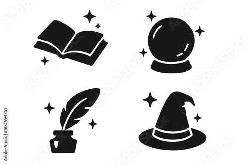 Magic icon set. Fantasy glyph collection with wizard hat, crystal ball, spell book, and quill pen. Witchcraft, esoteric, fairytale symbols. Solid vector illustration.