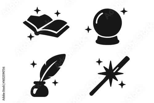 Magic icon set. Fantasy collection. Wizard elements. Spellbook, crystal ball, magic wand, quill pen icons. Solid glyph illustration for witchcraft, sorcery, RPG games.