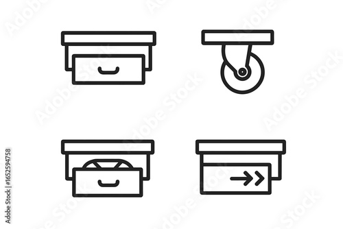 Under-bed drawer line icon set. Furniture storage concept. Sliding pull-out drawer with caster wheel and folded clothes. Home organization and decluttering symbol.