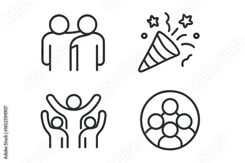 Friendship and celebration outline icons set. Community and social symbols. Teamwork success party popper. Linear pictogram collection for web. Vector illustration.
