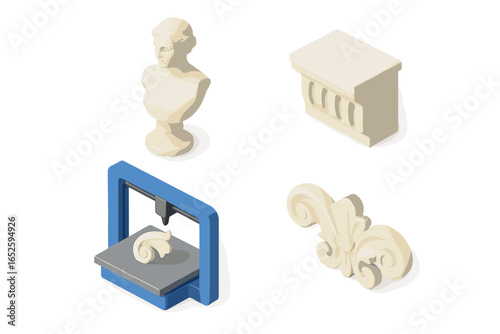Isometric 3D printing icon set for restoration. Vector illustration of new technology for art conservation, repairing ancient statues, Greek sculpture, and architecture.