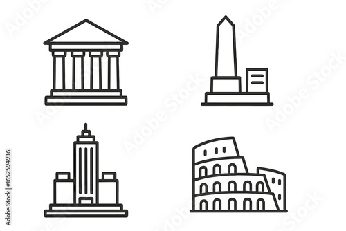 World landmarks icon set. Famous historical architecture symbols. Parthenon, Colosseum, Empire State Building, Obelisk. Linear vector illustration for travel and tourism.