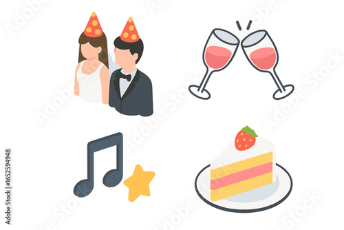 Wedding Reception Party Icons Isometric Flat Vector Set Bride and Groom with Party Hats Toasting Glasses Music Note Star and Strawberry Cake Slice Illustration on Transparent Background