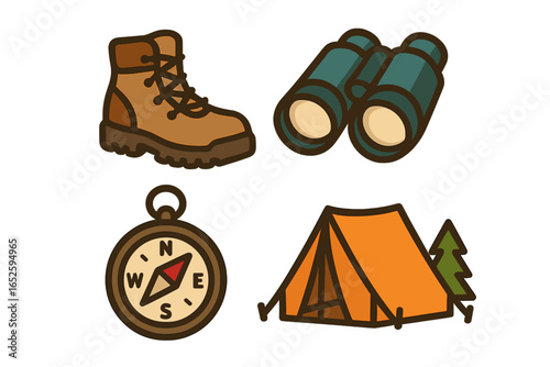 Camping and hiking equipment icon set. Outdoor adventure gear with boot, binoculars, compass, and tent. Vector cartoon illustration for travel and exploration concepts.