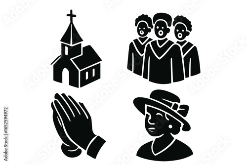 Black spiritual icons set. African American church community symbols. Includes gospel choir, praying hands, chapel, and a woman in a Sunday hat. Christian religion vector graphics.