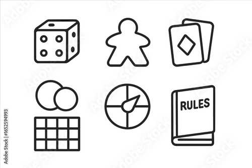 Board game icon set. Outline vector illustration of tabletop game components. Includes dice, meeple, pawn, playing cards, tokens, spinner, and rulebook for hobby.