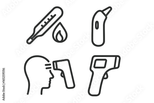 Body temperature icons set. Outline vector symbols for medical fever check and health monitoring. Includes classic, ear thermometer, and non-contact infrared forehead scanner.