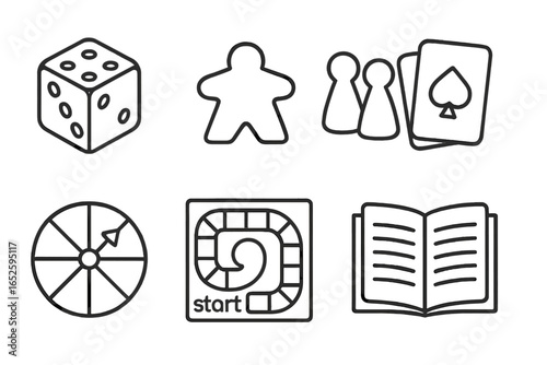 Board game icon set. Tabletop game components. Outline vector icons of dice, meeple, pawns, tokens, game card, spinner, game board, rulebook. Leisure and hobby concept.