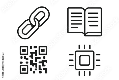 Blockchain technology line icon set. Vector symbols for cryptocurrency and fintech. Includes chain link, digital ledger book, QR code, and smart contract chip processor.