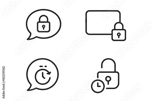 Secure messaging icons set: encrypted chat bubble, secure channel with lock, disappearing timer, and unlocked timer. Privacy, security, data protection, vector