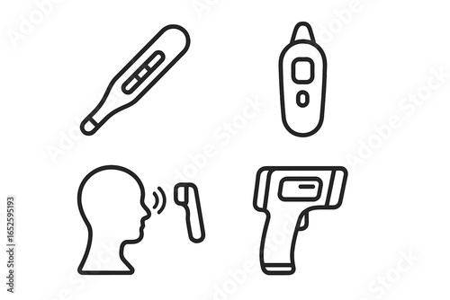 Body temperature icons set. Outline medical thermometer for health check. Vector illustration of digital, ear, infrared non-contact forehead scanner and gun for fever.