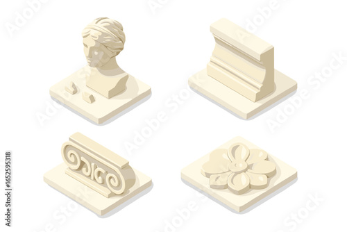 Isometric 3D icon set for restoration. 3D printing for archeology and museum conservation. Cultural heritage. Statue bust, column capital, molding, ornamental fragment.