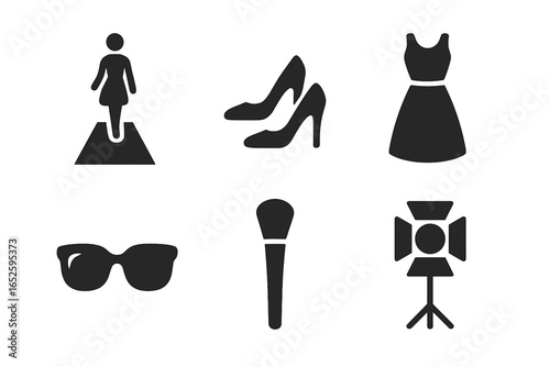 Vector icon set for the fashion and modeling industry. Black silhouette symbols of a runway model, high heels, dress, sunglasses, makeup brush, and a studio spotlight.