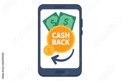 Cash back vector icon on smartphone screen. Online shopping money refund concept. Saving money with a loyalty program or digital wallet service. Financial bonus illustration.