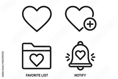 Wishlist Icon Set Outline, Heart Favorites, Add to Wishlist Button, Favorite List Folder, Notification Bell with Heart, Vector Illustration Transparent Background