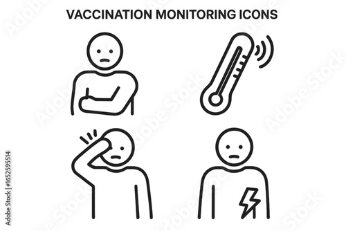 Vaccination side effects icons. Patient monitoring common symptoms like arm pain, fever, headache, chest pain. Medical health care outline vector illustration symbol set.