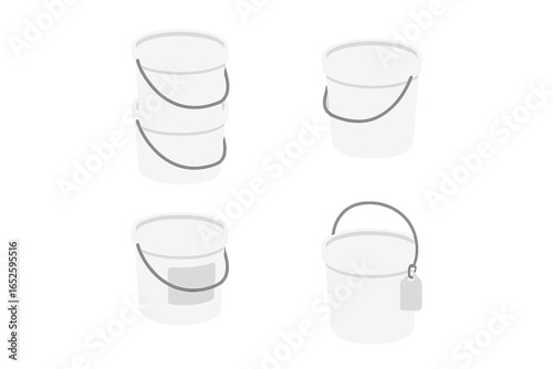 Isometric icon set of white plastic storage buckets. Vector illustration of stackable utility pails with handles, blank labels, and tags for various concepts like cleaning.