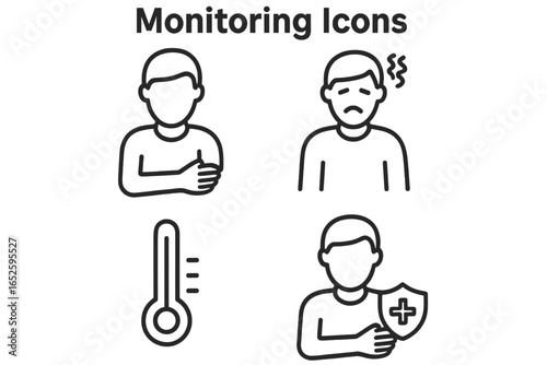 Vaccination monitoring icons set. Vaccine side effects like fever, headache, sore arm. Medical patient care after immunization shot. Health protection and immunity symbols.