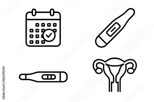 Fertility tracking icon set. Ovulation calendar, basal thermometer, pregnancy test, uterus icon. Women's health, gynecology and reproductive system vector symbol collection.