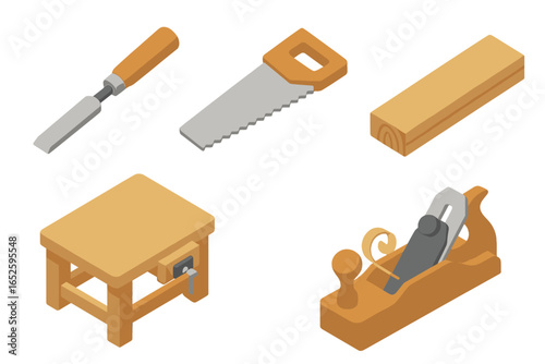 Isometric Flat Icon Set of Woodworking Tools Including Chisel, Saw, Wood Plank, Workbench, and Wood Plane for Carpentry and Craftwork