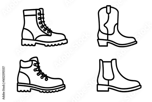 Boot icon set. Collection of footwear in a thin line style. Includes combat, cowboy, hiking, and chelsea boots. Vector graphic design elements for fashion or apparel industry.