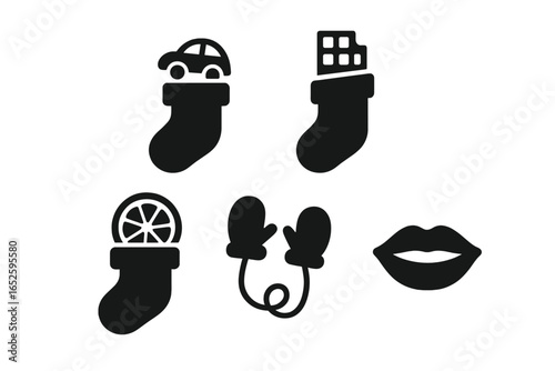 Vector icon set of Christmas stocking fillers. Solid black silhouette graphics for festive holiday design. Includes toy car, chocolate, orange, winter mittens, and lips.