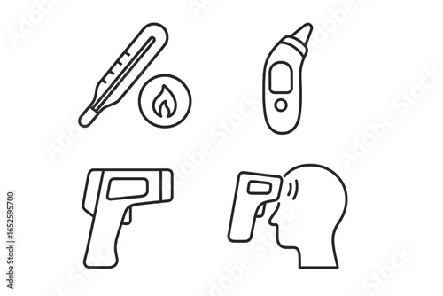 Body temperature check icon set. Outline medical thermometer, fever symbol, digital ear thermometer, and infrared forehead scanner gun. Health monitoring concept vector icons.