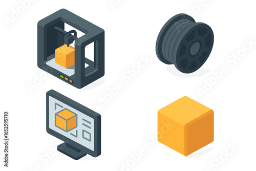 Isometric 3D printing vector icon set. Flat design illustration of a printer, filament spool, CAD model on computer monitor, and finished product for maker space.