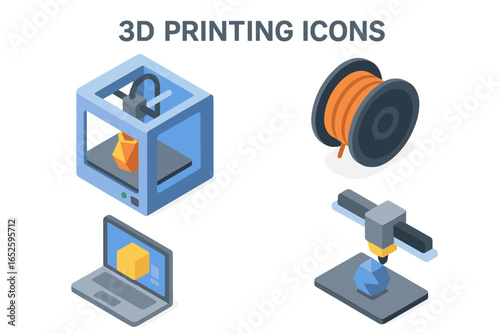 Isometric 3D printing icons set. Flat vector illustration of maker space technology. Features 3D printer, filament spool, CAD model, and additive manufacturing process.