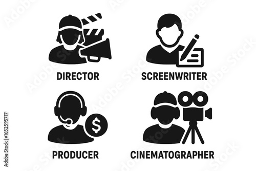 Filmmaker roles icon set. Solid glyph icons of key film production crew: director, screenwriter, producer, cinematographer. Movie making and cinema industry vector symbols.