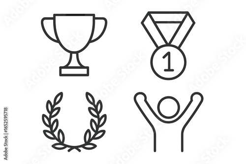 Victory icons set. Outline symbols of success, achievement, and winning. Includes trophy cup, first place award medal, laurel wreath, and champion celebration character.