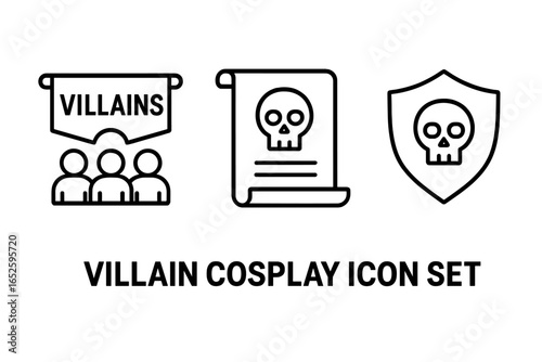 Villain cosplay icon set. Outline icons of villainous elements like a group banner, announcement scroll, and matching insignia. Evil faction symbol and skull emblem vector.