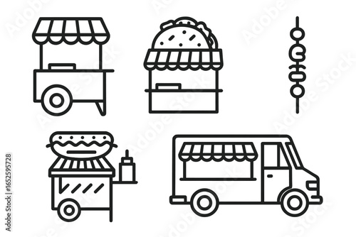 Street food icons collection. Outline icon set of street food vendors like food cart, taco stand, hot dog grill, kebab skewer, and food truck. Vector illustration for fast food.