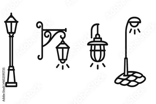 Street lamp icon set. Outline vector collection of vintage and modern lampposts. Classic city streetlight, hanging lantern, caged bulb. Urban outdoor lighting elements.