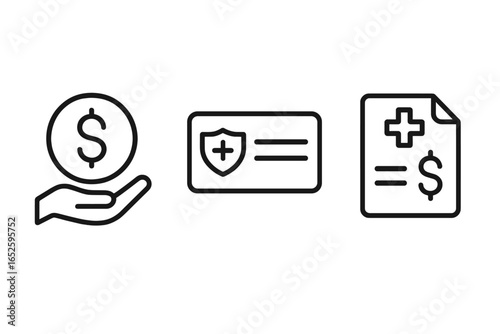 Medical financial assistance vector icon set. Health insurance card, hospital bill, and payment symbols. Outline icons for healthcare costs, medical finance, and coverage.