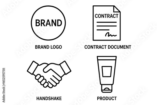 Brand collaboration outline icon set. Business partnership, agreement, and co-branding concepts. Vector line art of brand logo, contract, handshake, and product symbols.