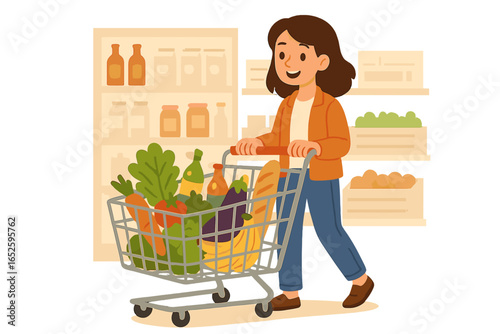 Happy young woman pushing a shopping cart full of fresh, healthy food. Consumer buying produce, vegetables, and fruit in a retail grocery store. Healthy lifestyle concept.