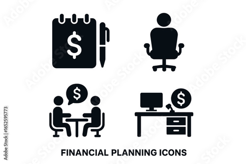 Financial planning solid glyph icon set. Vector icons for finance advisor, money consultation, business meeting, investment strategy, wealth management, and banking business.