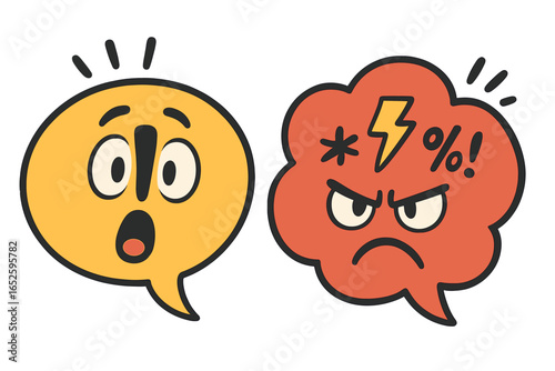 Expressive speech bubbles with vivid emotions showing surprise and anger, whimsical cartoon style, emotive symbols, comic illustration, conversational icons