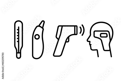 Body temperature icons set. Medical outline symbols for health care. Fever check with digital, ear, and non-contact infrared forehead thermometer. Vector illustration for diagnosis.