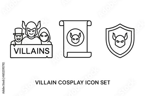 Villain outline icon set for cosplay and fantasy themes. Vector collection includes evil characters, antagonist group banner, demon symbol scroll, and matching shield insignia.