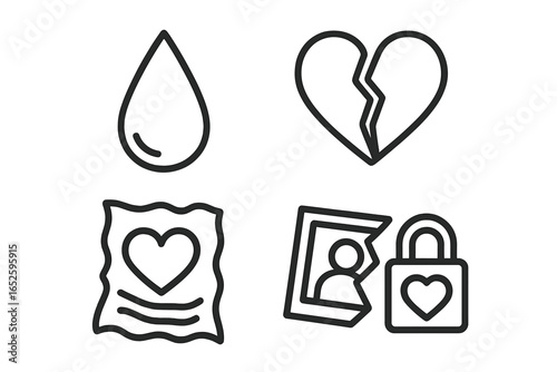 Breakup sadness line icon set. Vector symbols for heartbreak, divorce, failed relationship. Broken heart, tear drop, crumpled love letter, shattered photo with locked heart.