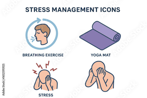Stress Management Icons Isometric Flat Vector Set of Techniques Including Breathing Exercise, Yoga Mat, Stress Relief and Mental Health Symbols on Transparent Background